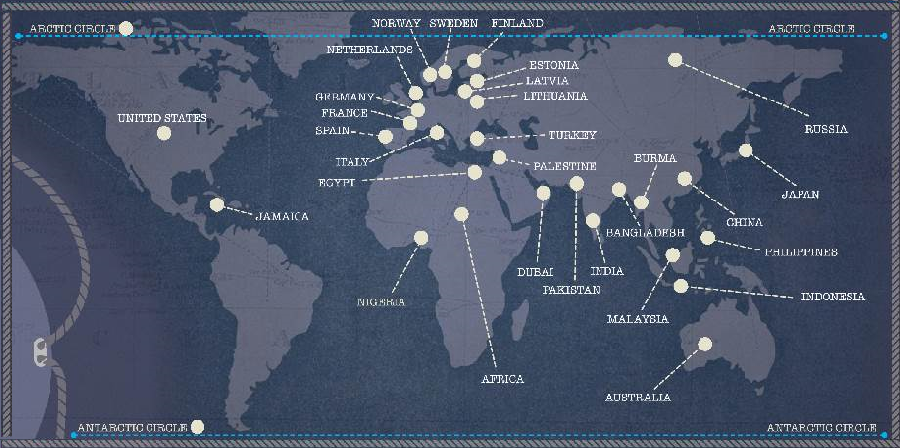 map of world with named countries linked to Dundee